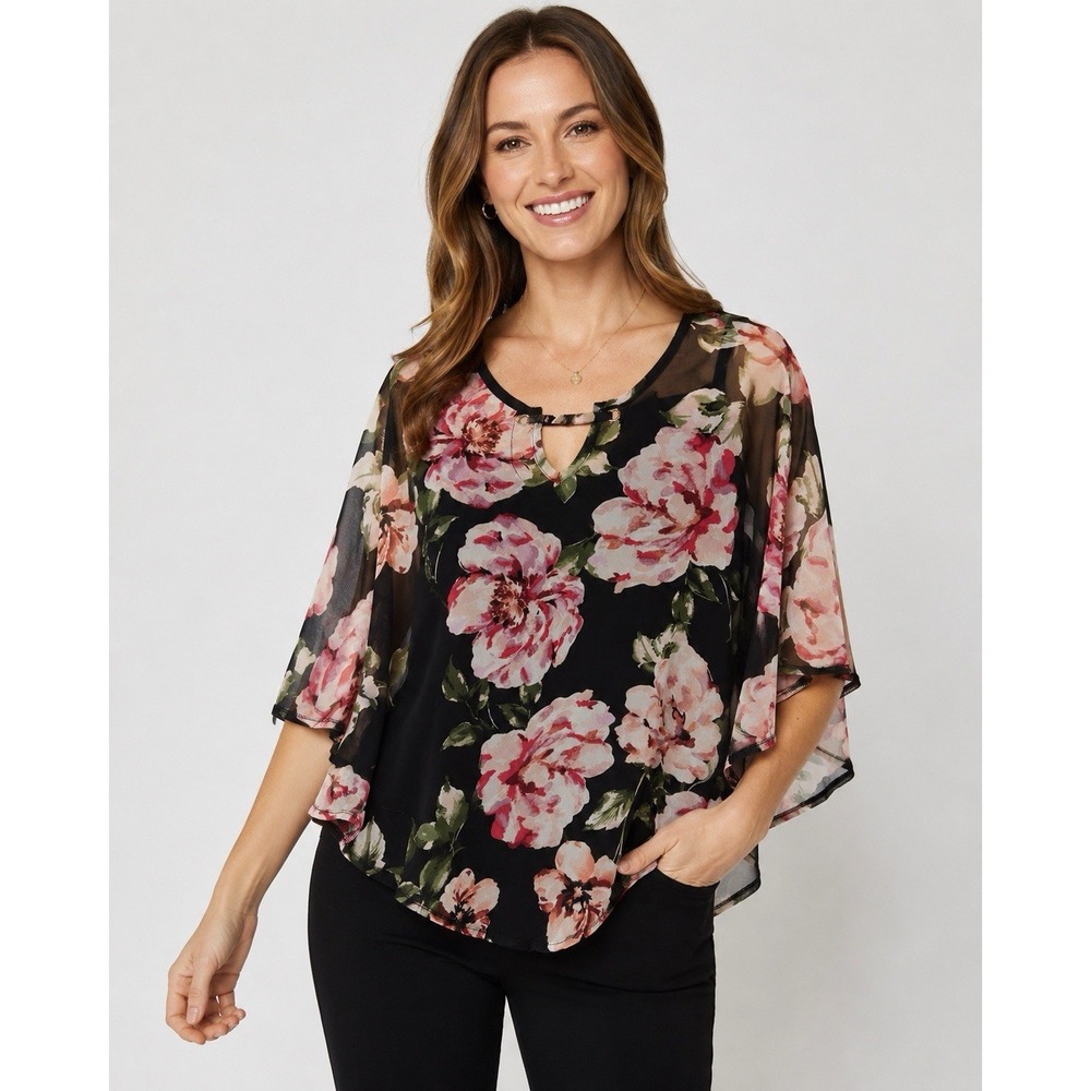 Sweet Violet Floral Overlay Blouse Sheer Poncho Cape Sleeve Tank Top L
